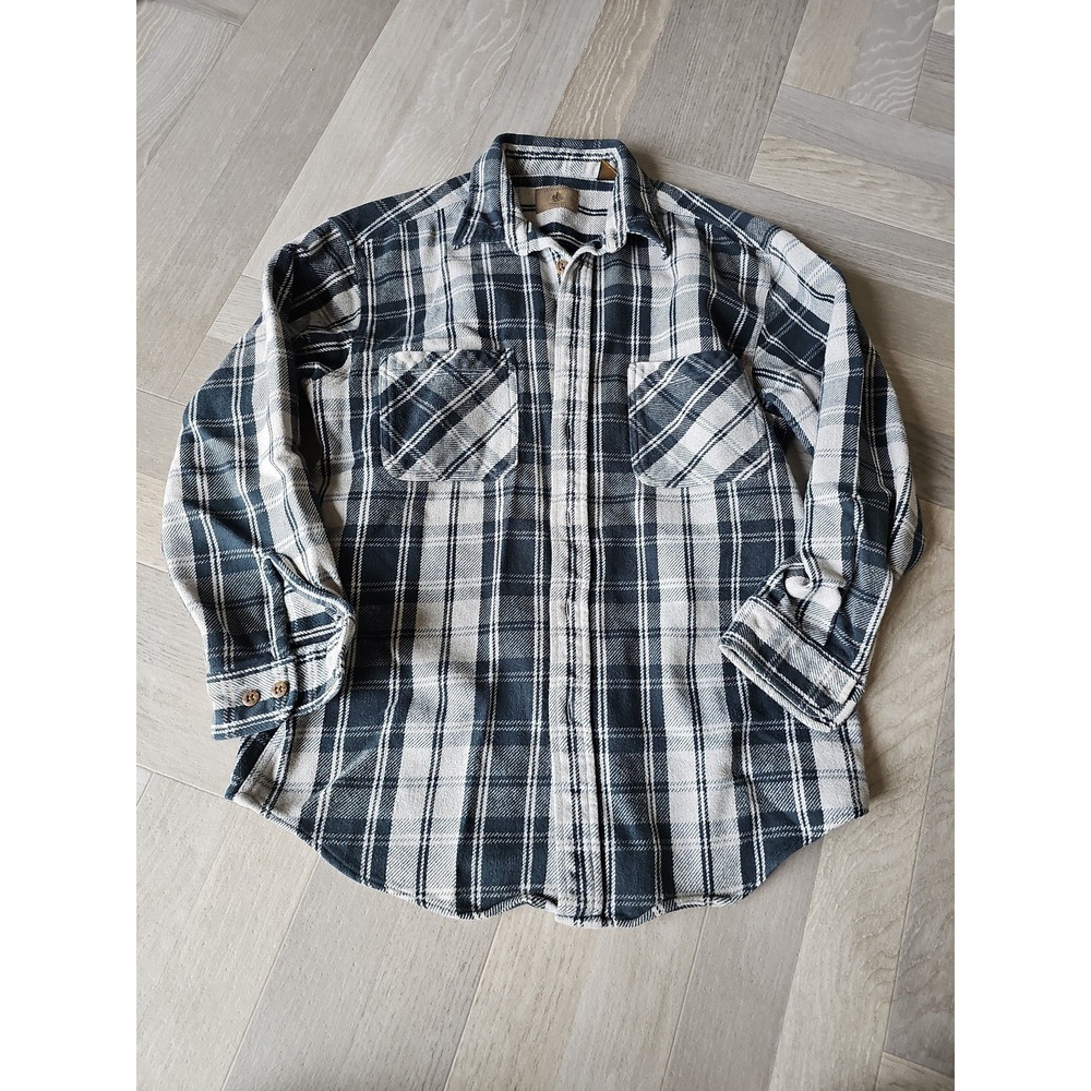 Mens Large Tall Flannel Shirt Navy Blue Cream Plaid Button Down Cabincore Rugged